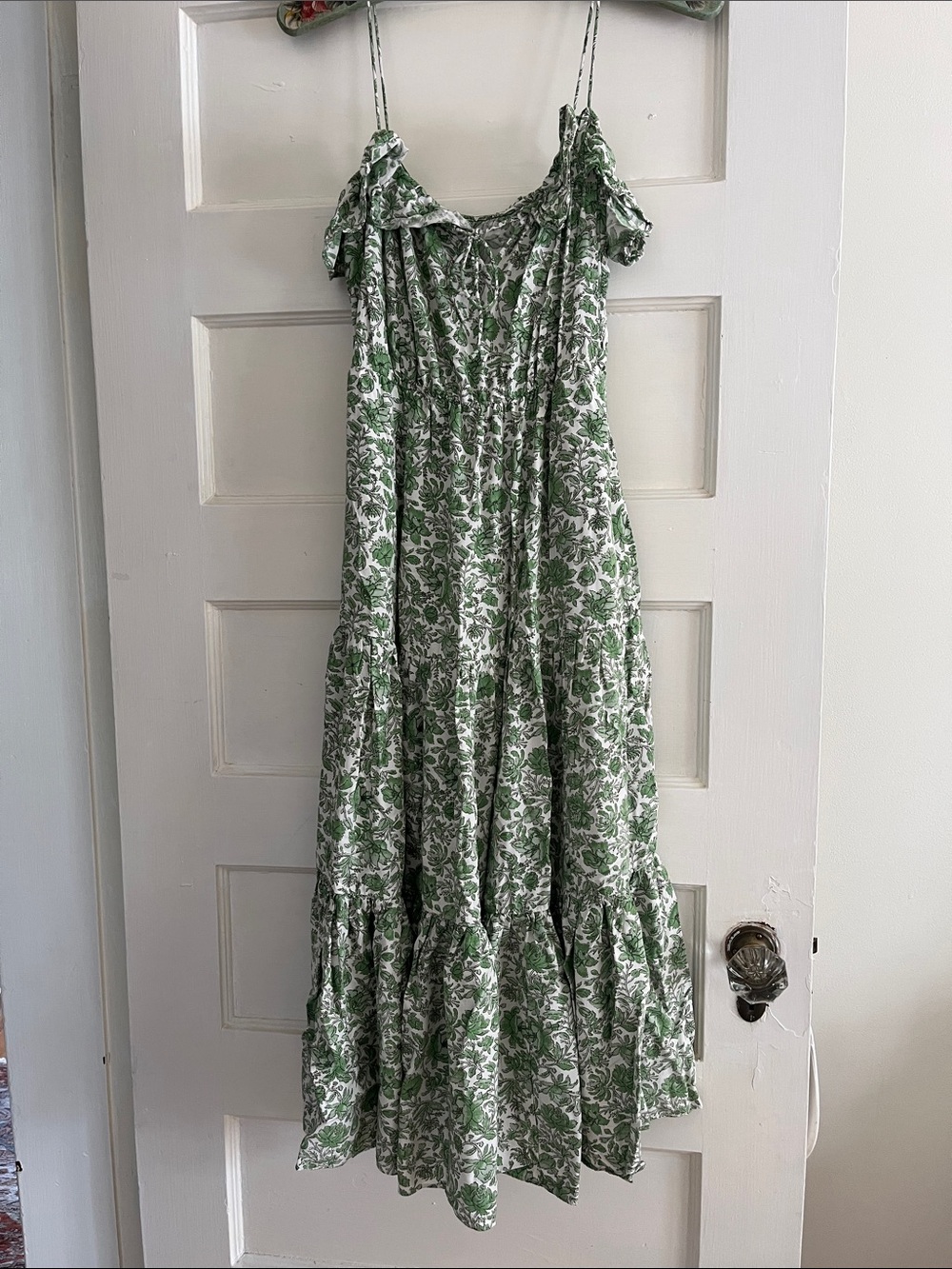 J. Crew Green and White Floral Tiered Maxi Dress